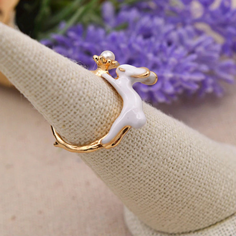 Anise Bunny White Rabbits Rings Fashion Cute Alloy Imitation Pearl Index Finger Rings Charm Ring Anillos Mujer