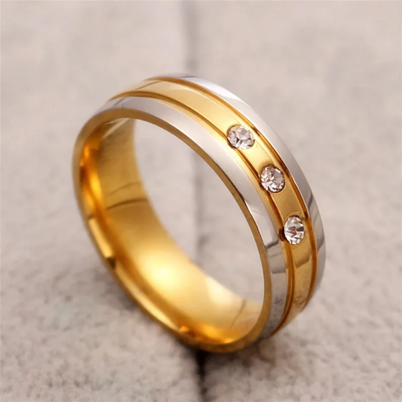 MANGOPIE Famous Brand 316L Stainless Steel Rings for Women Gold Plated Trajectory With Three CZ Diamond 6mm