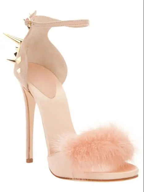 

Zapatos mujer sexy high heel 15 cm faux fur sandals buckle strap ravet decoration ladies Summer runway catwalk pom pom sandals