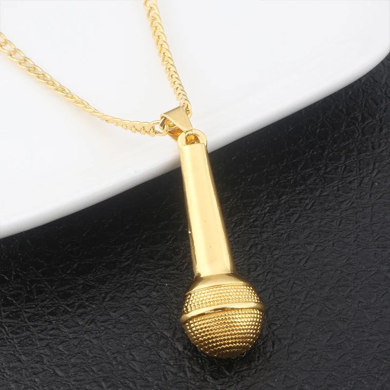 SG HIP Hop Gold Color Ice Out Bling Music Stereoscopic Microphone Pendants Necklaces For Men Women Jewelry