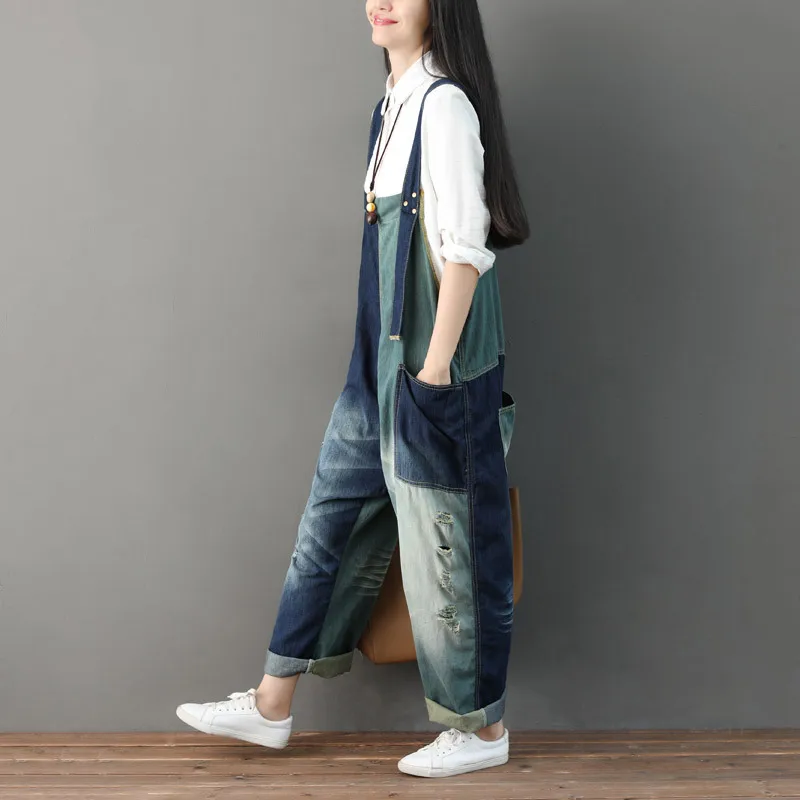 Bib Denim Women Overalls Baggy Jean Jumpsuit Rompers Lady Patchwork Big Pockets Hole Hollow Out Female Suspender Pants