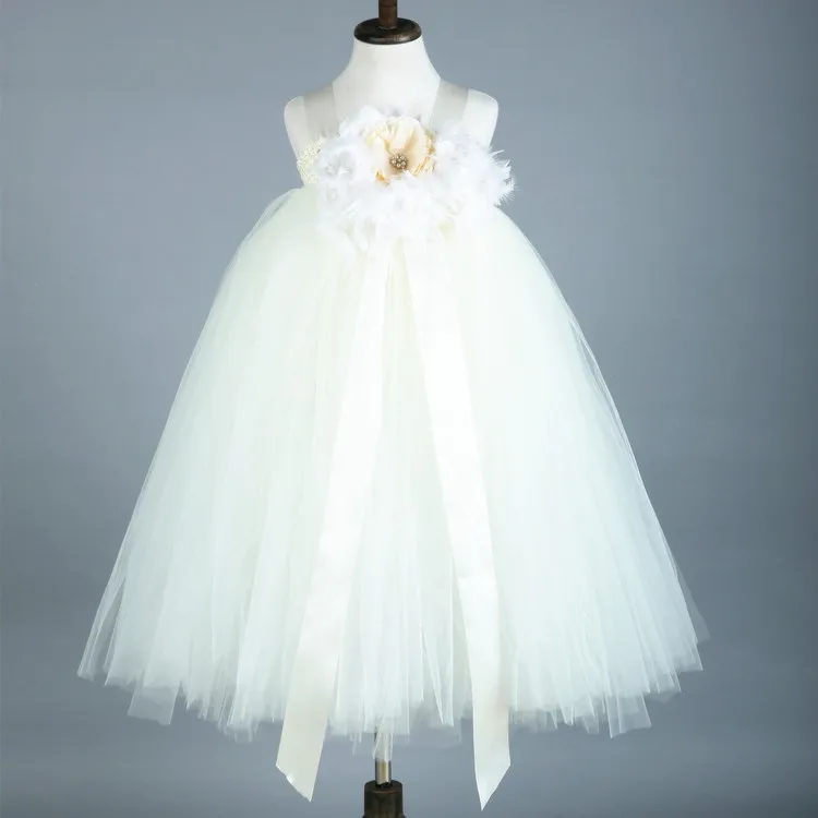 Vestido de tutú de plumas para niñas, vestido de tul de ganchillo con lazo de cinta grande y Diadema de flores, vestido de princesa para niños, novedad