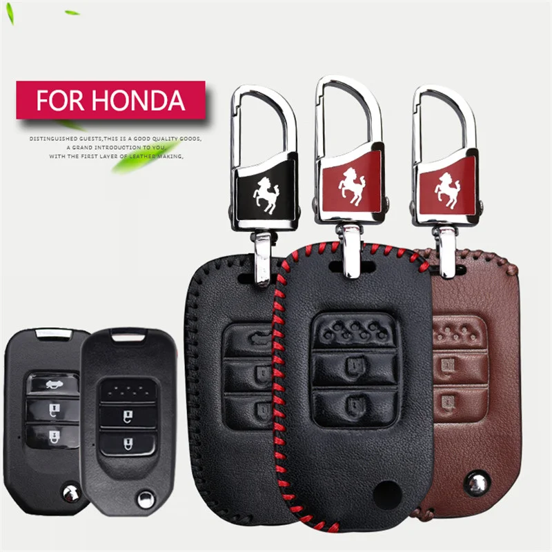 Genuine Leather Car Key Cover Case For Honda Fit Hrv Accord 2003-2007 Freed Pilot Civic 2006-2011 Horse Metal Key Ring Holder