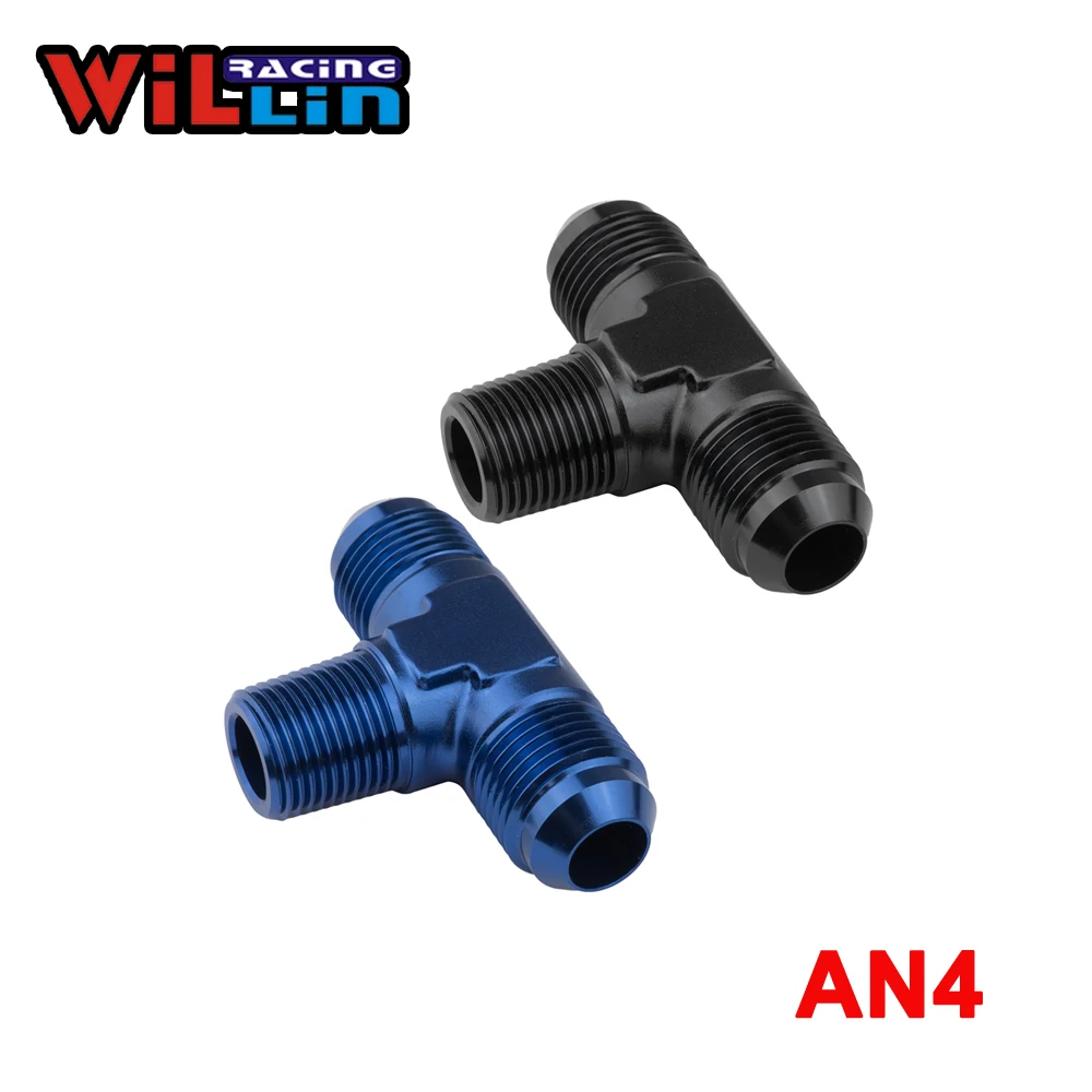 WILLIN - 2pcs/pack AN4 AN-4 Male to 1/8'' NPT Tee Flare Male AN4 To 1/8'' NPT On Side Blue/Black/Silver -825-04-02