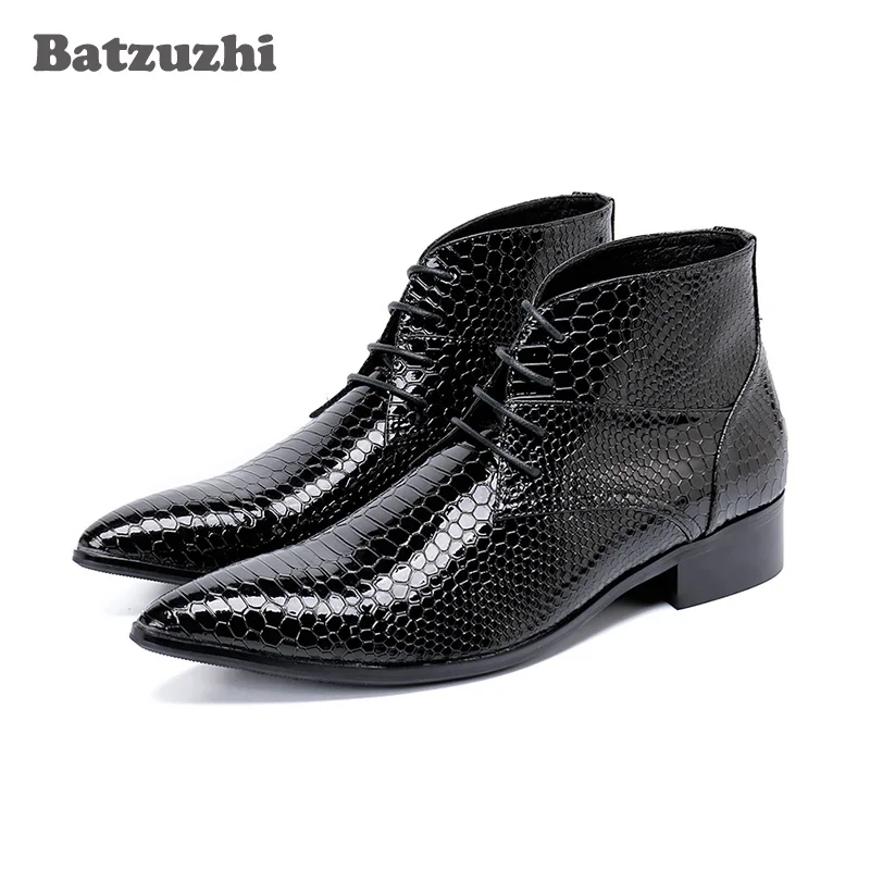 

Batzuzhi Fashion Men Boots Black Soft Leather Dress Boots Pointed Toe Lace-up Business Leather Boots Zapatos Hombre, Big Size 12