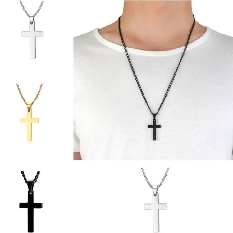 Wholesale-- Black Cross Pendant Necklaces for Men Women Titanium steel No Fade Gold Color 60cm Chain