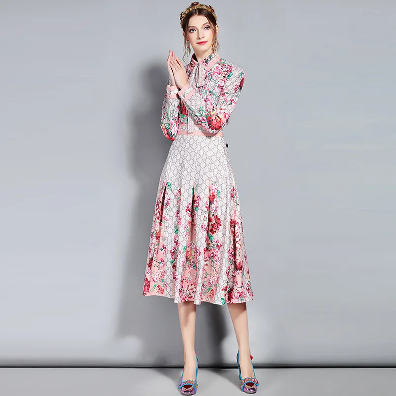 S-3XL high quality 2019 brand new fashion printing handmade beaded long-sleeved Slim temperament bow women's suit dres