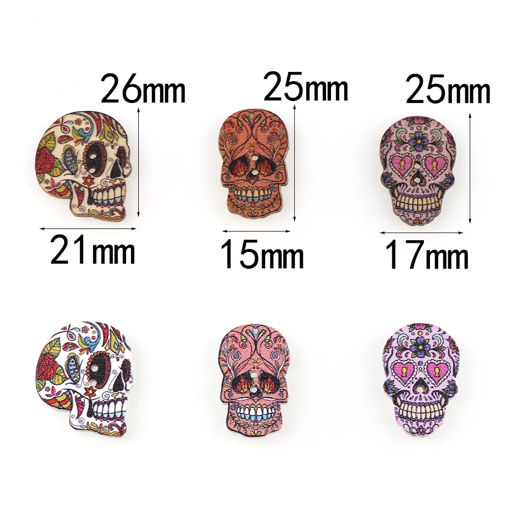 50 sztuk Wood Day Of The Dead szycia guziki w stylu vintage Scrapbooking 2 otwory cukrowa czaszka losowo 24.5mm (1 \