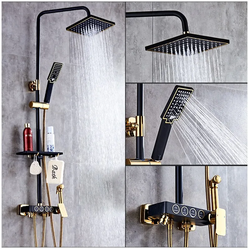 Shower Faucet Brass Black Wall Mounted Bathtub Faucet Rain Shower Head Square Handheld Slide Bar Bathroom Mixer Tap Set 877036R