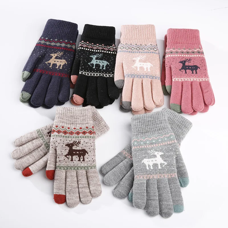 Vintage Deer Knitted Gloves Women Double Layer Thicken Touch Screen Winter Warm Snow Full Finger Mittens Xmas Gift Luvas 1Pairs