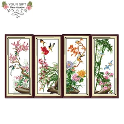 Joy Sunday-Flowers Home Decor, H102 H103 H104 H105, Red Plum Pink Orchid, Yellow Chrysanthemum Green Bamboo Cross Stitch Kit