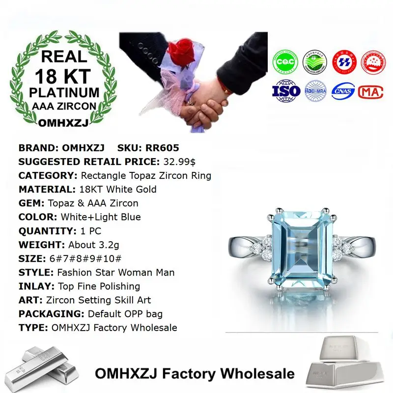 OMHXZJ Wholesale European Fashion Woman Man Party Wedding Gift Rectangle Light Blue Topaz AAA Zircon 18KT White Gold Ring RR605