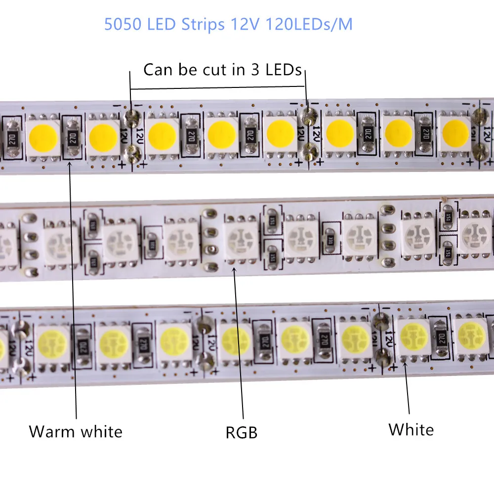 1/2/3/4/5M taśma LED 5050 DC12V 120 leds/m elastyczna taśma LED oświetlenie 4000k RGB/ciepły biały/biały 5050 LED wysoka jasność