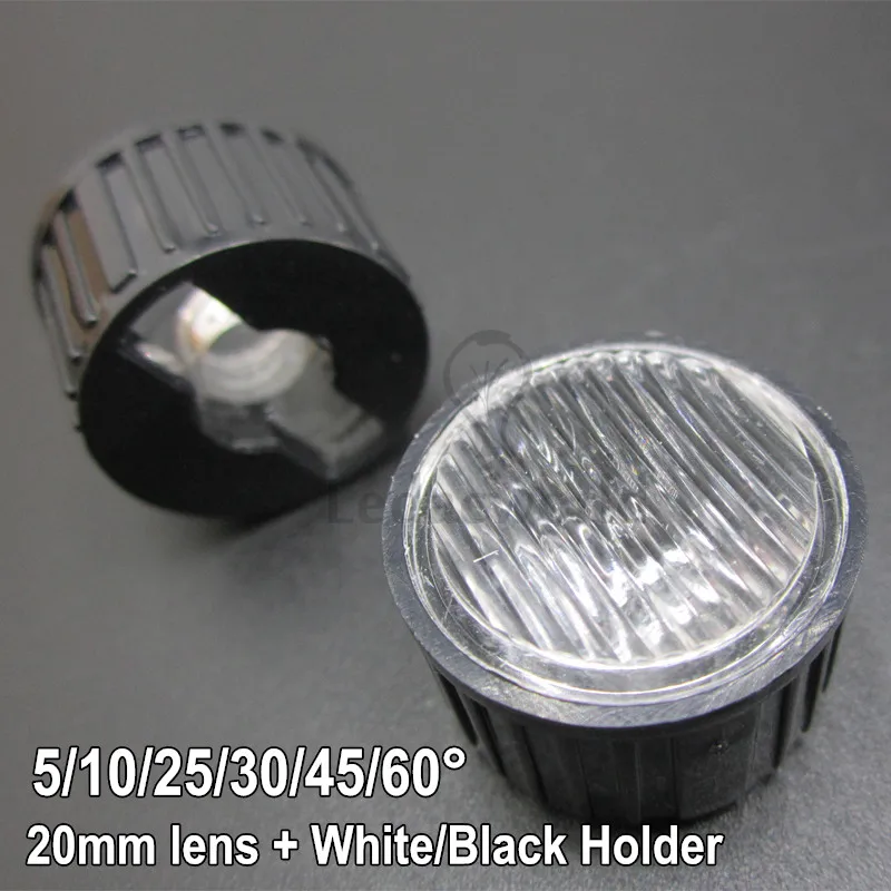 

100x 20mm LED lens 1W 3W 5W Stripe Optical Lenses With White/Black Lens Holder Angle 5 10 25 30 45 60 Degree For LED Bulbs DIY