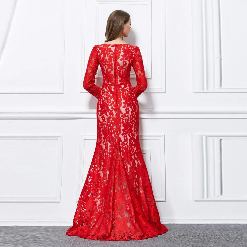 New 2018 Boat Neck Mermaid Full Sleeve Lace Long formal ball gown  Party Wedding Dresses Red US size 4  6 8 10 12