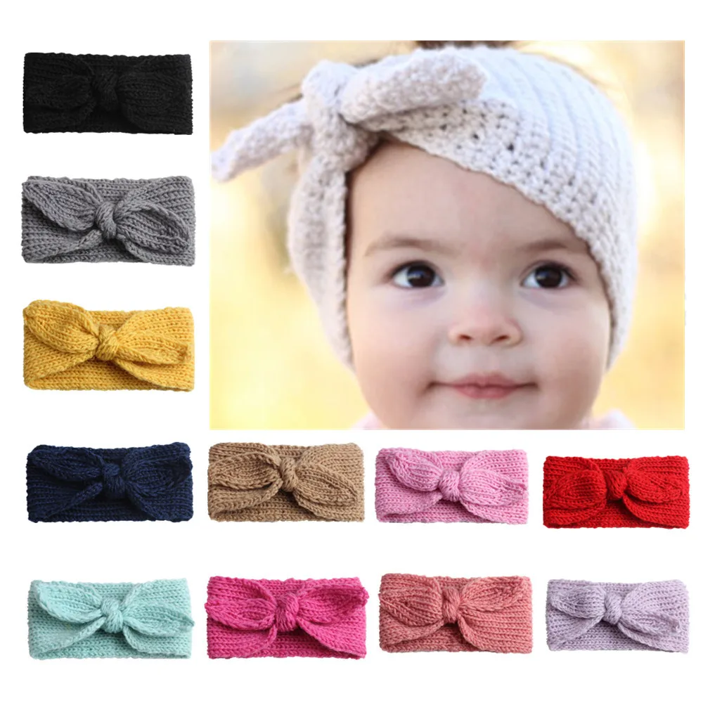 12PCS Color mixing wholesale Baby cotton headdress Cute rabbit ears design Children warm hairband  Knitted baby head protection