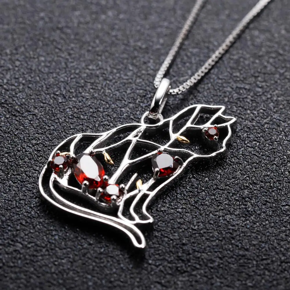 GEM\'S BALLET Natural Red Garnet Gemstone Fine Jewelry 925 Sterling Silver Handmade Cat Shape Pendant Necklace For Women