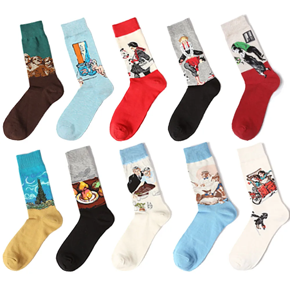 COCOTEKK New Arrival Art Socks Men Long Colourful Oil Painting Socks Cotton Jacquard Van Gogh Series Skateboard Men Socks