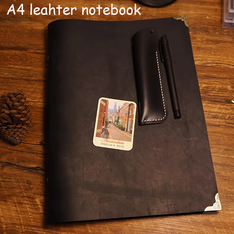 A4 size handmade notebook genuine leather cover travel journal filler kraft paper vintage black color school sppulies notebook