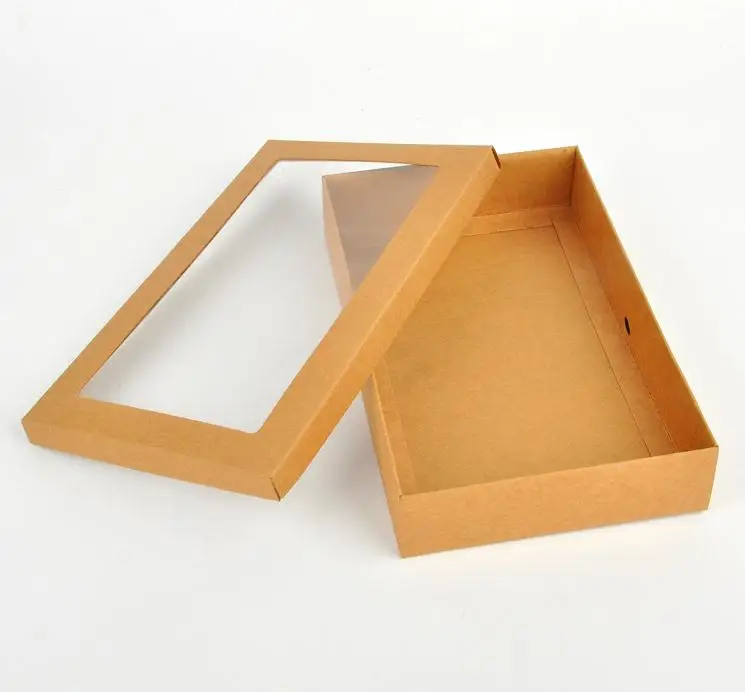 300pcs 22*14*4.3cm Kraft paper gift box package with clear pvc window candy favors krafts display package box scarves box SN440