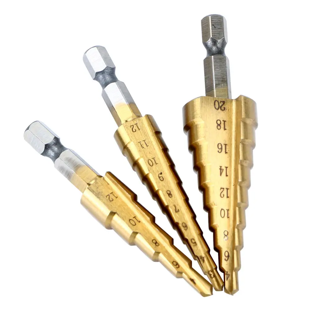 3Pcs 1/4นิ้วมัลติฟังก์ชั่ขั้นตอน Mata Bor HSS Sharpening ไทเทเนียมโลหะ Hex ขั้นตอน Mata Bor ชุดงานไม้เครื่องมือเจาะโลหะ