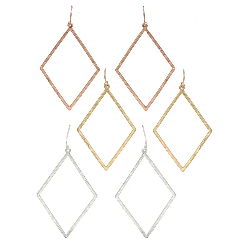 

Polished Hammered Metallic Rhomboid Hollow Drops Statement Earrings for Women Simple Design Metallic Geometry Earrings