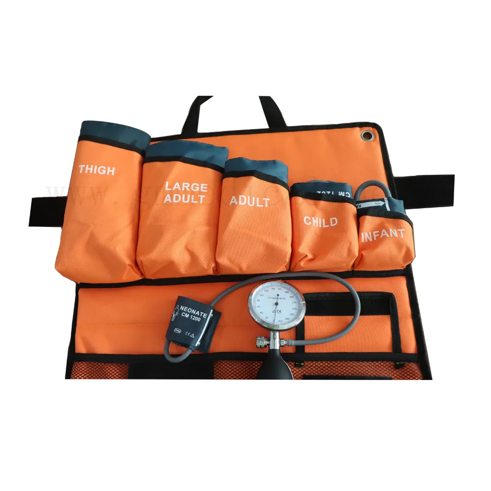 6sizes blood pressure cuff , with  pressure display gauge and pvc pressure bulb  ,orange portable packed bag  kits .