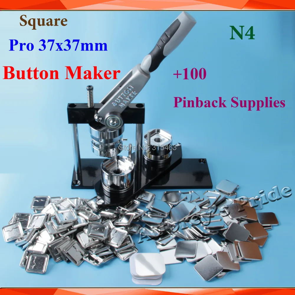 NEW Professional N4 Square 37x37mm Badge Button Maker Machine +100 Set Metal Pinback  Button Supply