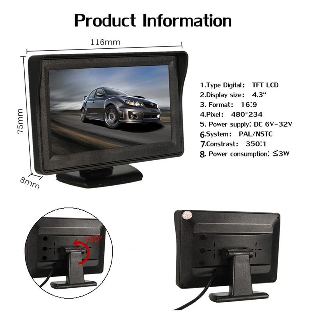 شاشة سيارة 4.3 بوصة TFT LCD شاشة قابلة للتدوير NTSC/PAL نظام فيديو IR التحكم عن بعد شاشة تصفيف السيارة لكاميرا الرؤية الخلفية