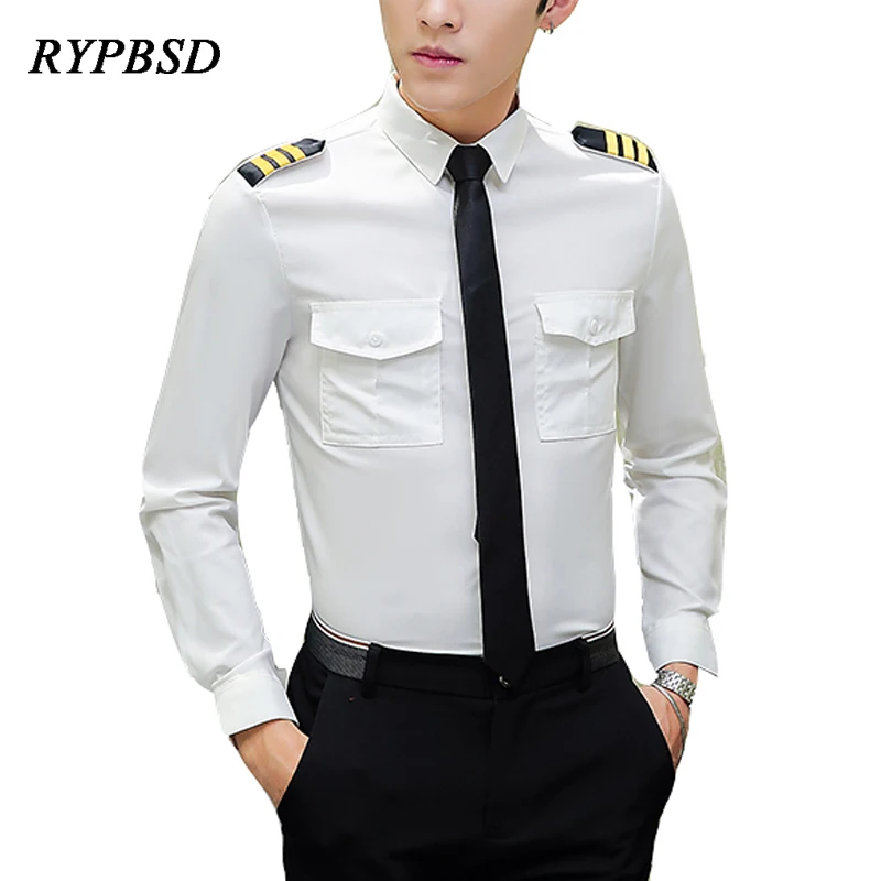 White Pilot Uniform for Men Slim Single Breasted Long Sleeve Air Force Pilot Shirt 2024 Autumn Casual Office Work Cosplay  Tops