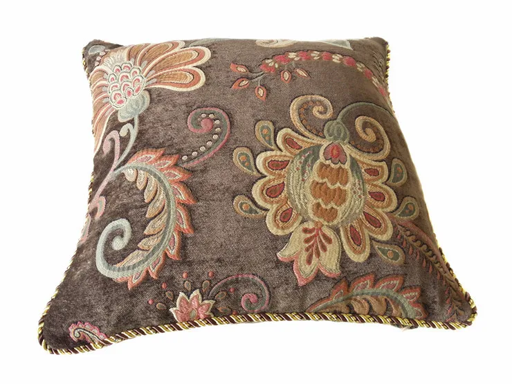 Deluxe High Quality Soft Brown Floral Jacquard Woven Chenille Pillow Case Decorative Cushion Cover 45x45 cm Rope Pipping Pillows