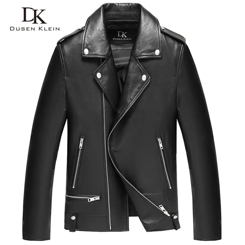 Men oblique motorcycle jacket Nature Sheepskin Dusen Klein 2017 New spring autumn Designer coat Slim/Black Leather Coat 71C7132