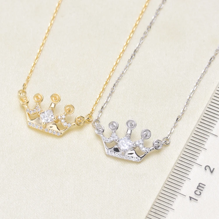 Elegant Princess Crown Pearl Pendant Necklace Accessory S925 Sterling Silver Crown Pendant Chain Settings Silver&Gold 3Pcs/Lot