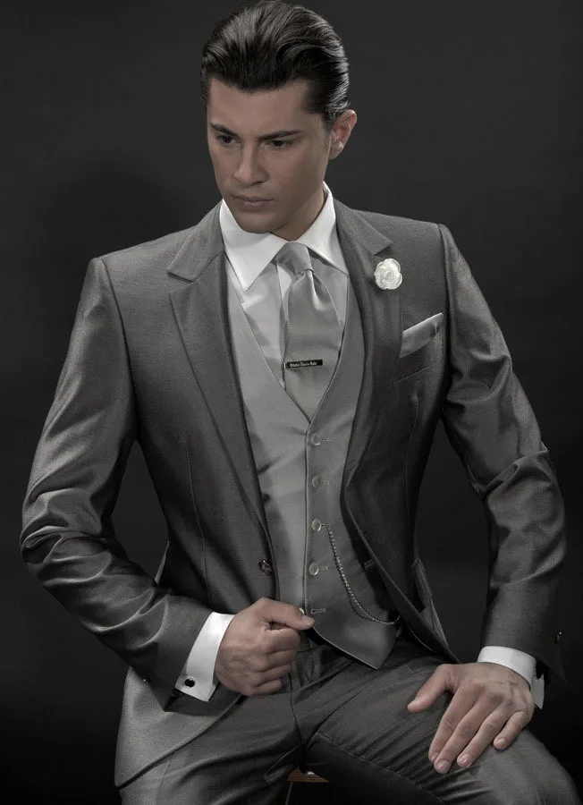 

New Arrival Groom Tuxedo Grey Groomsmen Notch Lapel Wedding/Dinner Suits Best Man Bridegroom (Jacket+Pants+Tie+Vest)B385