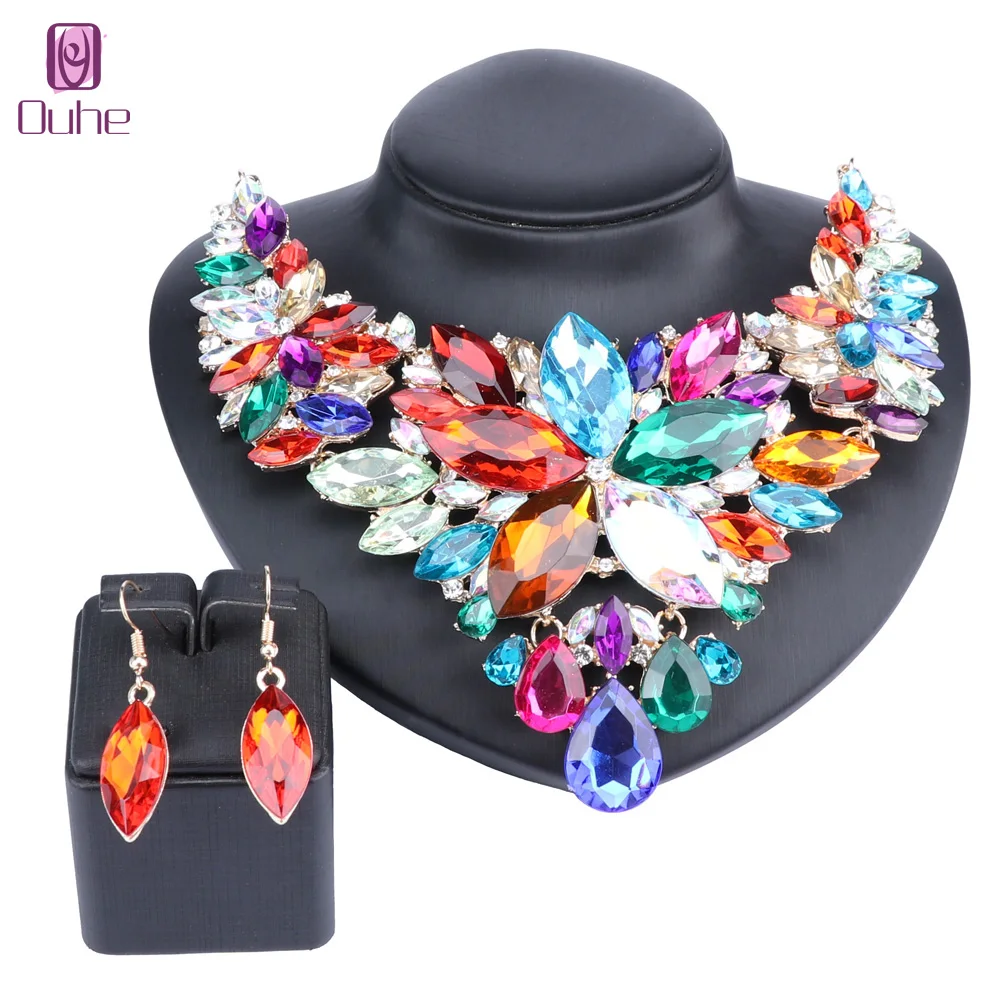 High Quality Crystal Choker Statement Necklace Earring Jewelry Set Rhinestone Wedding Gift Women Brides Prom Party