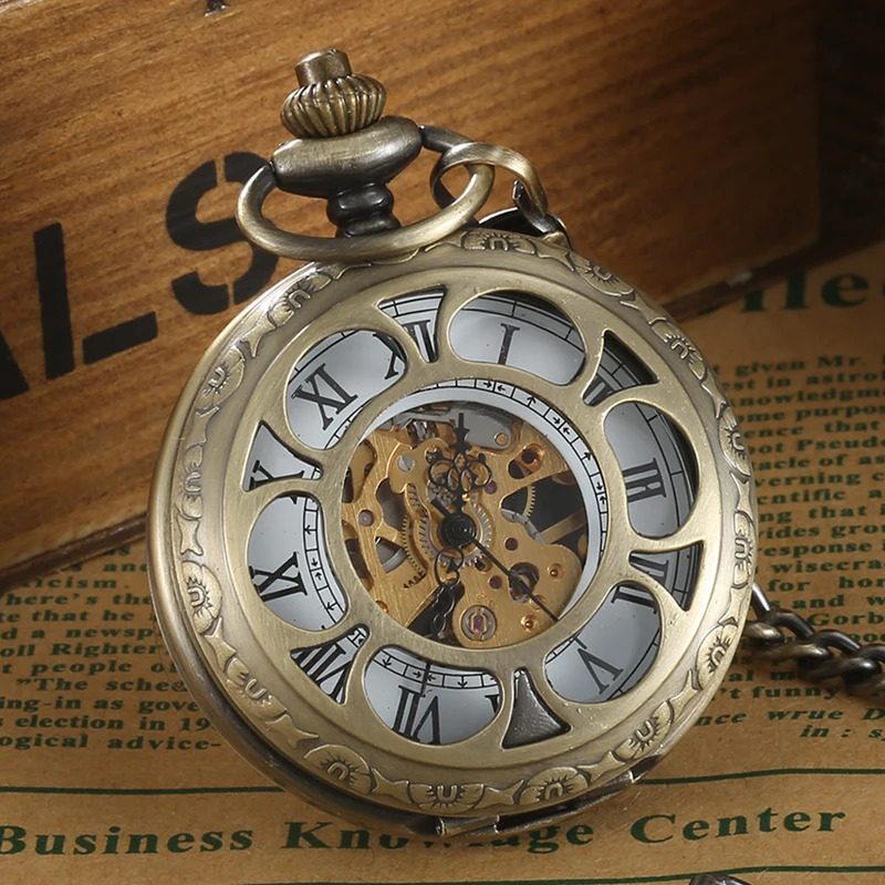 Flip Opening Clock Mechanical Pocket Watch Bronze Roman Numerals Vintage Hollow Steampunk Fob Watch With Fob Chain Women Gift