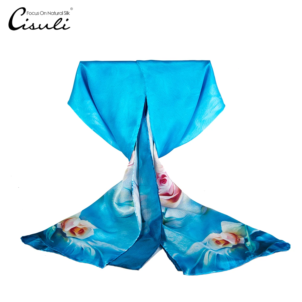 

CISULI 100% Pure Silk Scarf Women Blue Foulard Femme with Rose Printed 52X170cm Hijab Femme Musulman