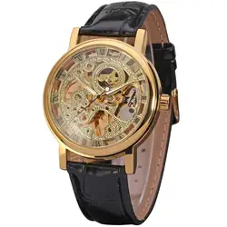 WINNER WATCH Unique surface Golden  Arabic numerals no digital dial Black leather strap men's mechanical watch