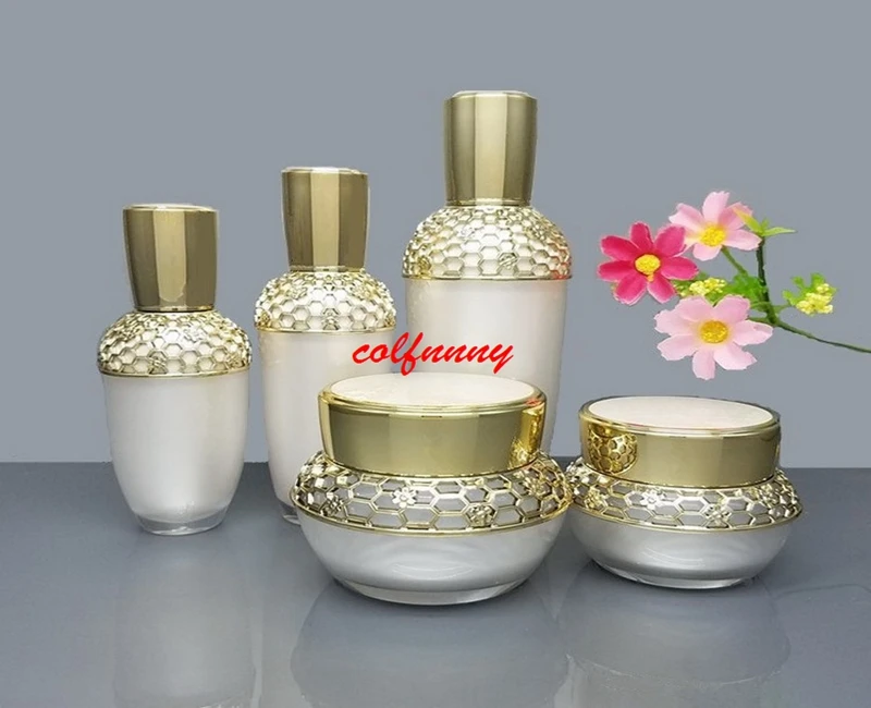 

50pcs/lot High Quality Honeycomb Pearl White Acrylic Cream Jar Palace Empty Cosmetic Container Lotion Pump Bottle F060407
