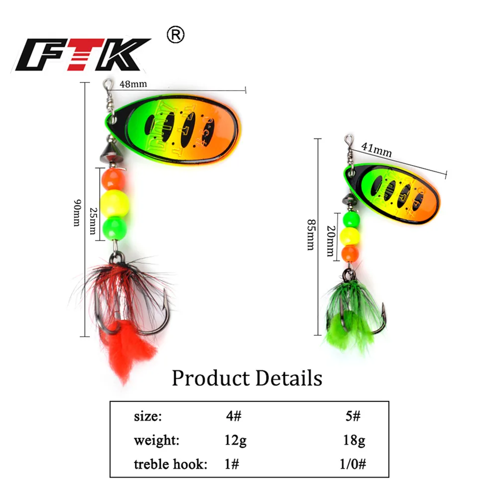 FTK 1pc Fishing Lure Spinner Bait 8 colors 12g Wobblers Spoon Lures Pike Metal Bass Hard Bait With Feather Treble Hooks