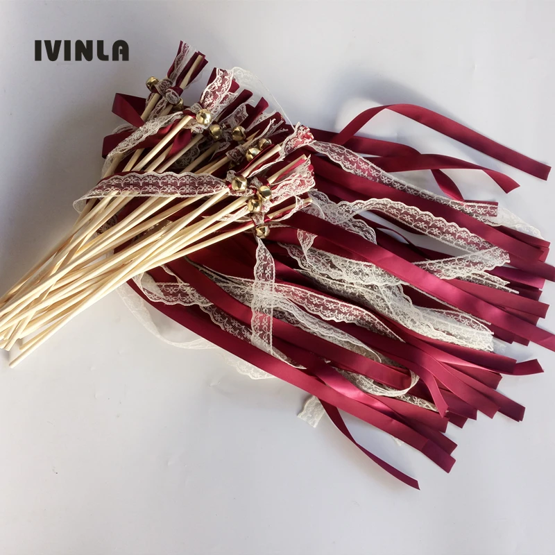 50pcs/lot Wine Red Ribbon Wands With Gold Bell for wedding decoration