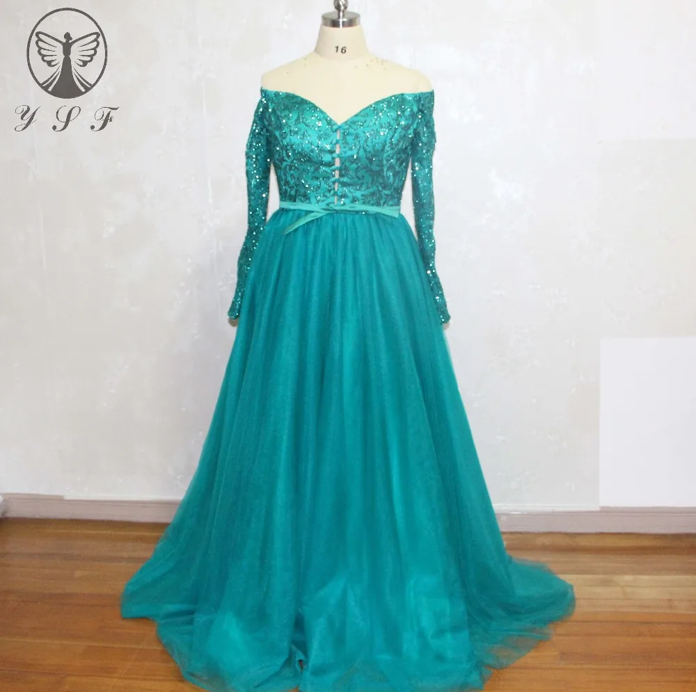 New Arrival Green Off the Shoulder Bling Long Sleeve Pleated Formal Prom Dress