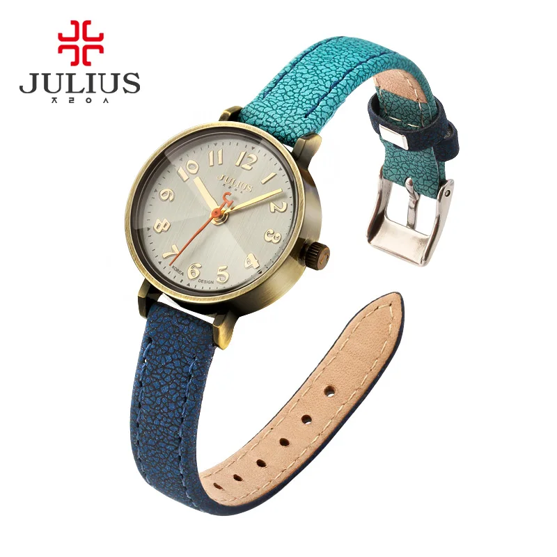 Blue Jeans Watch Women Antique Quartz Julius Watches Luxury Brand Casual Cool Gradient Leather Strap Bronze Whatch Clock JA-855