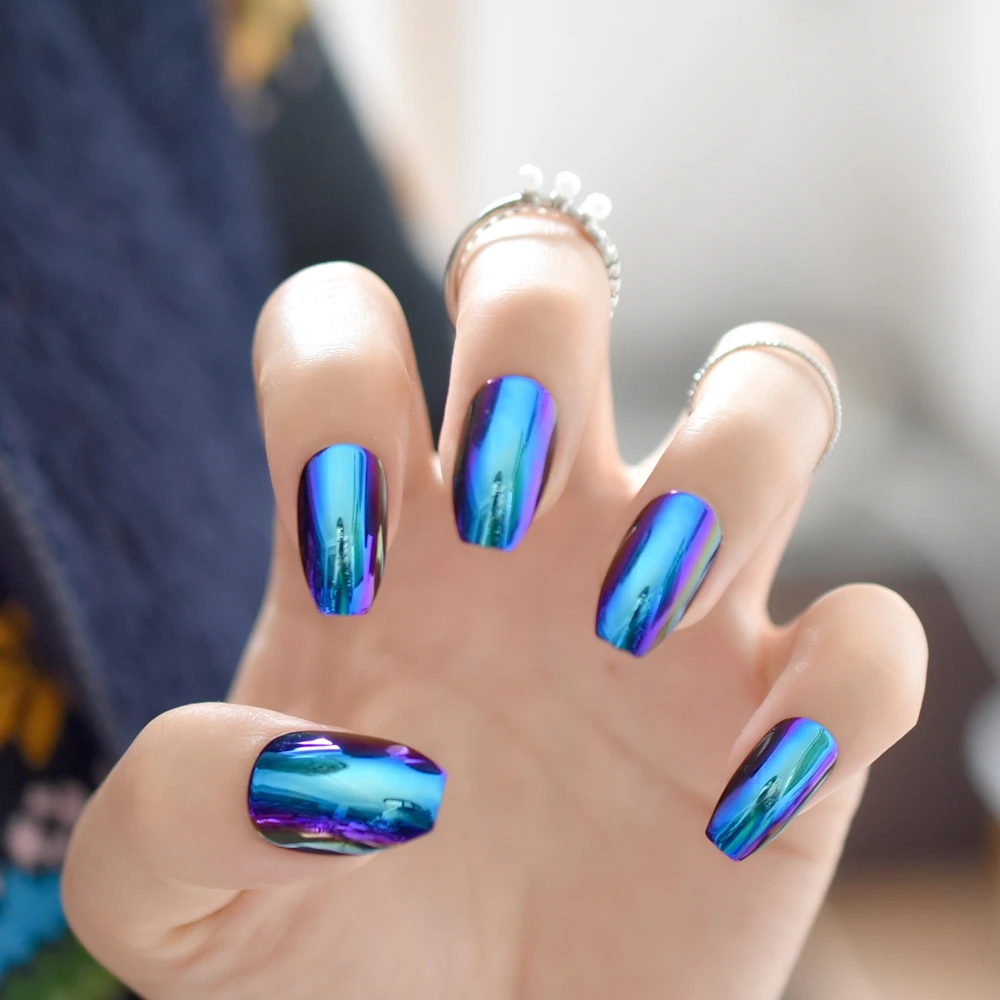 Ballerina Coffin Nails Tips Mirror Chrome Reflection False Nail Magic Mirror Effect Holo Blue Purple Fake Nails