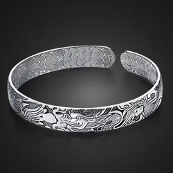 Fashion Vintage Thai Silver Retro Dragon Phoenix Opening Bangle Bracelets Women Men 925 Silver Bracelets Punk Hand Jewelry