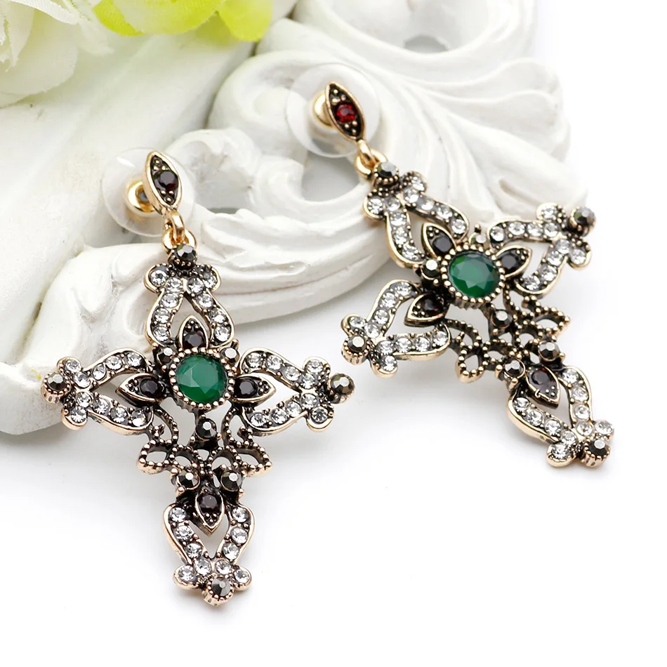 Religious Jewelry Vintage Cross Earrings Women Antique Gold Color Round Resin Dangle Earring Hollow Flower Ethnic Retro Earring