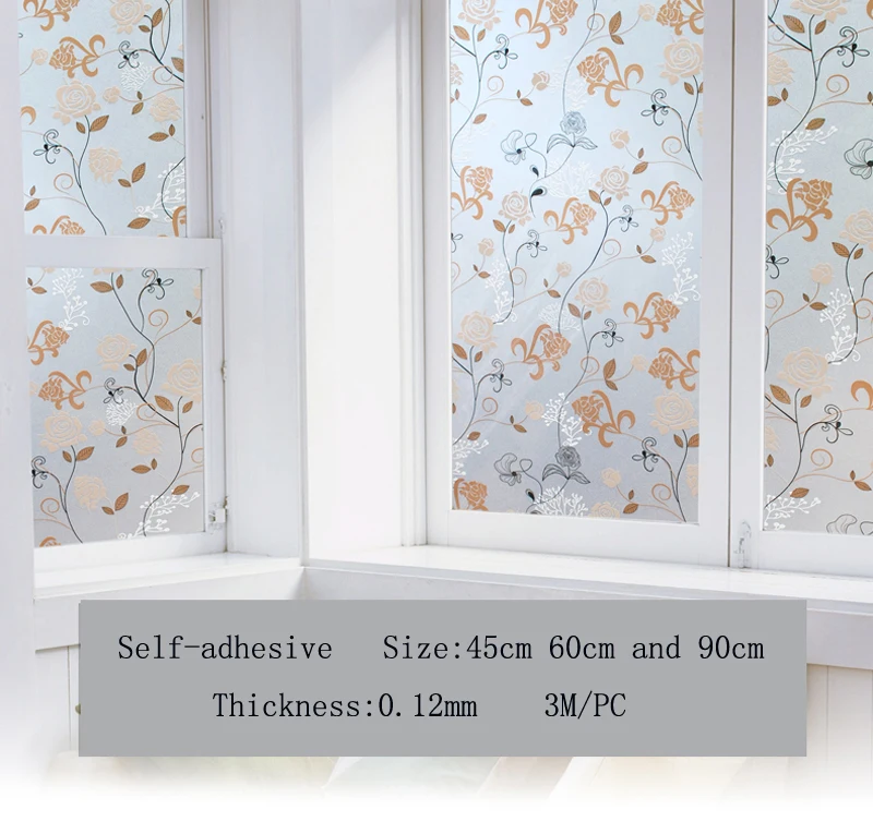 Self-Adhesive Gluey Brown Flower Window Glass Film, Frosted Sticker, Security Window Film, Bedroom Glass, 45-90 cm x 300cm