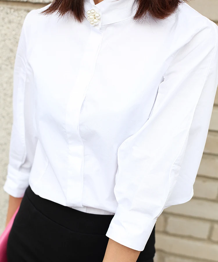 Vintage Petal Lantern Sleeve Blouses  Women New Fashion Beading Stand Collar Black Cotton Tops Retro Female White Shirts