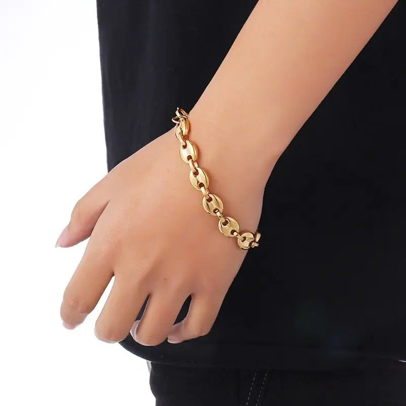 Wholesale Jewelry -- ( 21 cm x 11 mm ) 316L titanium steel Gold Color Coffee Bean\'s Bracelets Necklaces Jewelry For Men No Fade