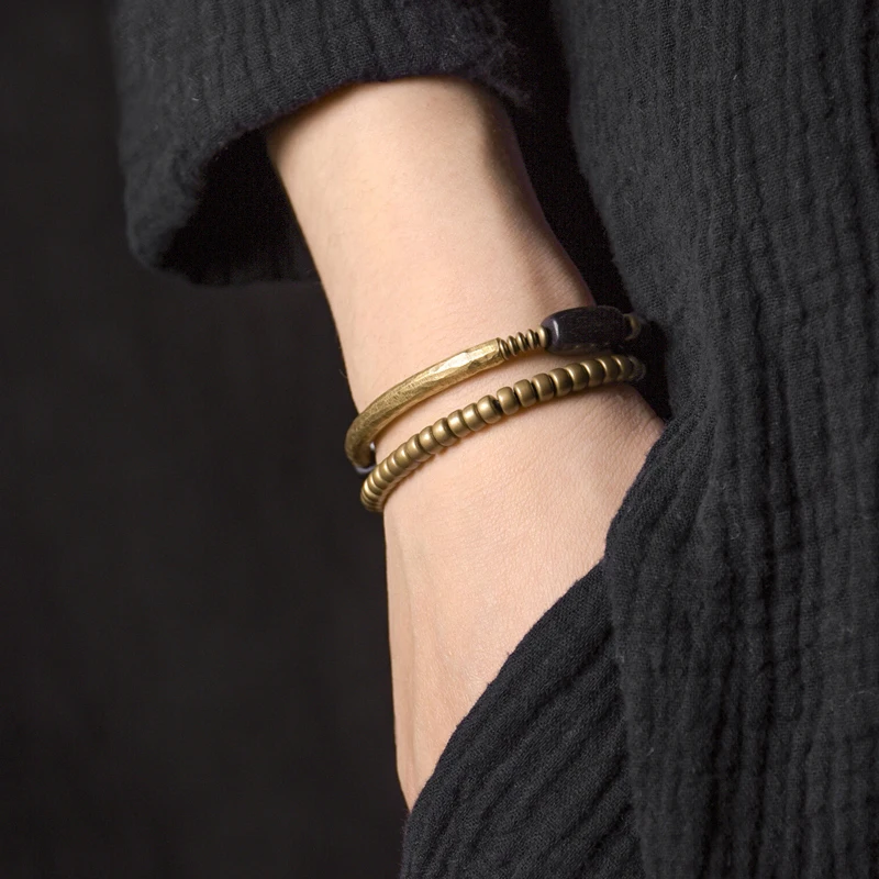 Hammered Brass Ebony Rosary Beads Bracelet Black Wood Spiritual  Male Female Wristbands For Men Women Metal Wrist Ornament